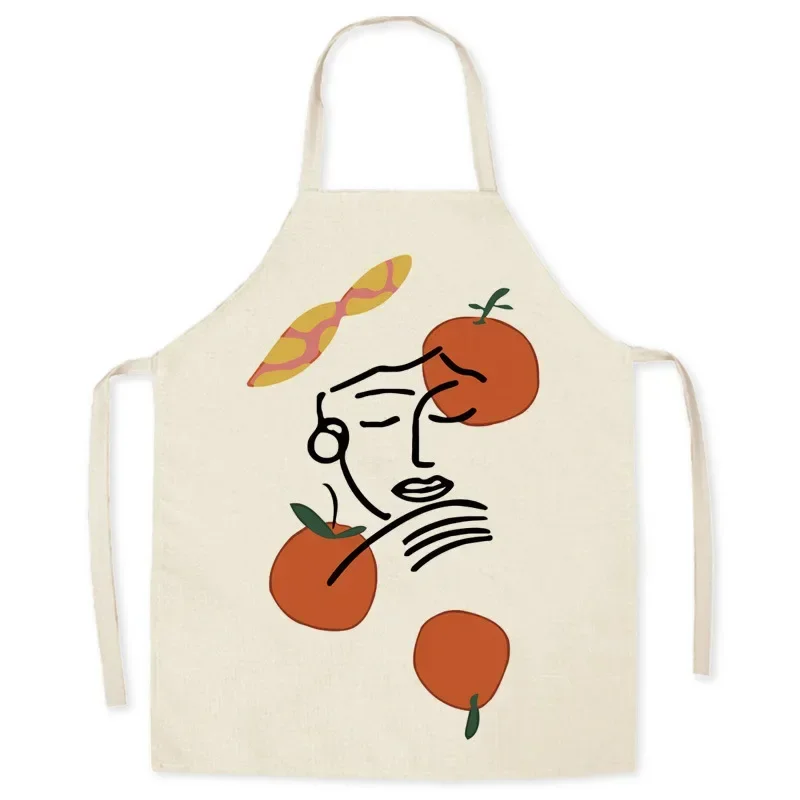 White Background Girl Dustproof Linen Apron for Women Floral Kitchen Apron Work Waiter Milk Tea Apron Cooking Accessories