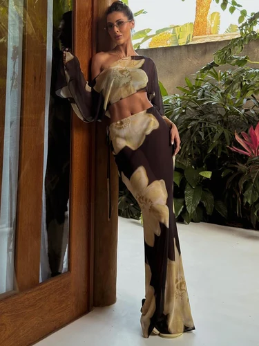 Imagen 2 del producto Conjunto de 2 piezas con estampado Floral de gato extraño para mujer, Tops cortos de manga larga con cuello oblicuo y faldas, trajes elegantes de vacaciones a juego