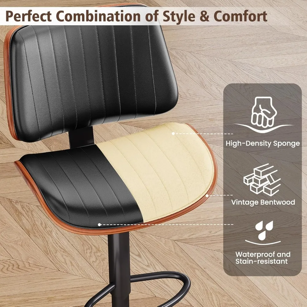 Kursi Bar Set Isi 2, Kursi Bar untuk Pulau Dapur dengan Punggung Bentwood dan Kursi Kulit, Kursi Bar Putar untuk Meja Dapur, Ba