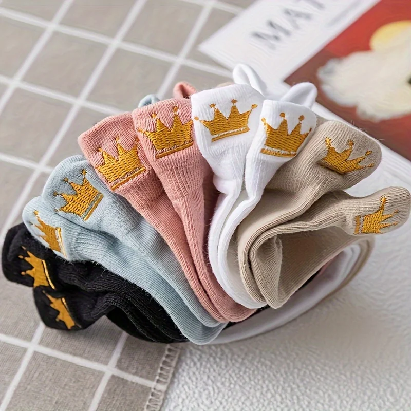 5 pairs of women\'s short socks summer thin crown women\'s boat socks cartoon Printed pattern women\'s socks