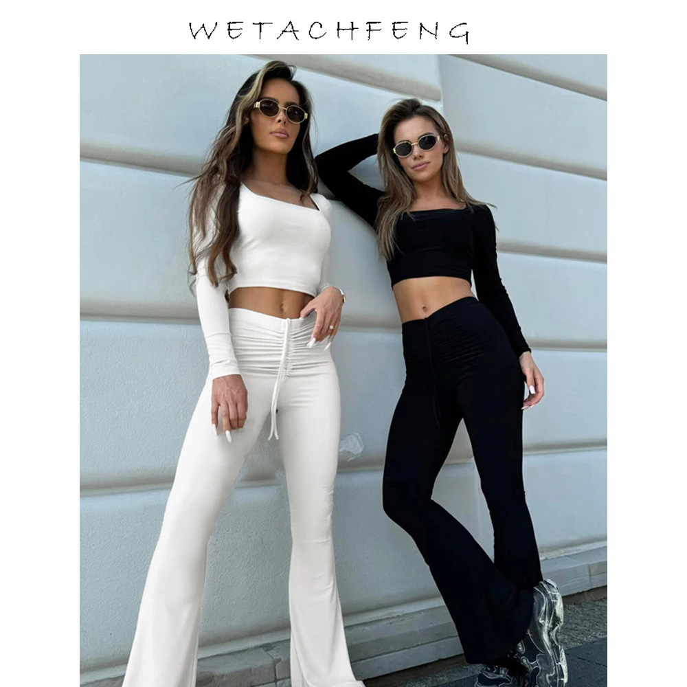 Black Tight U Neck Long Sleeve Crop Tops Flare Pants Two Piece Sets Women Outfits Autumn Winter Sports Gym White Legging Suits