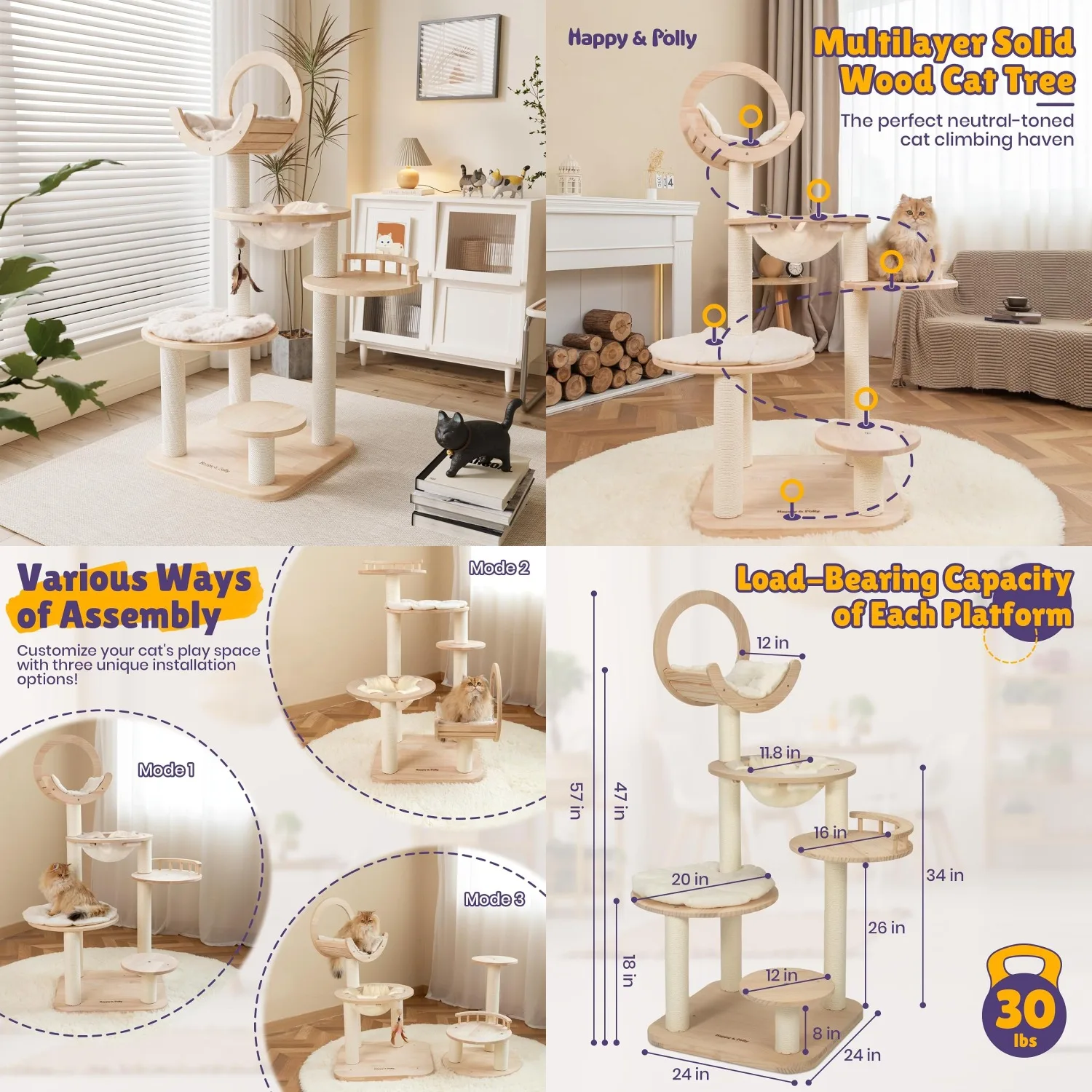 

Happy&Polly Solid Wood Cat Tree - 56.3" Multi-Level Building Block Cat Tower with Cozy Hammock, Sisal Scratching, Customized