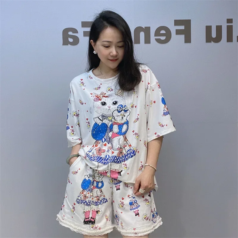 

Fashion Diamonds Cartoon Printed Short Sets Women Summer Clothes Loose Tracksuit Casual Knitting Two Piece Sets Womens Outifits