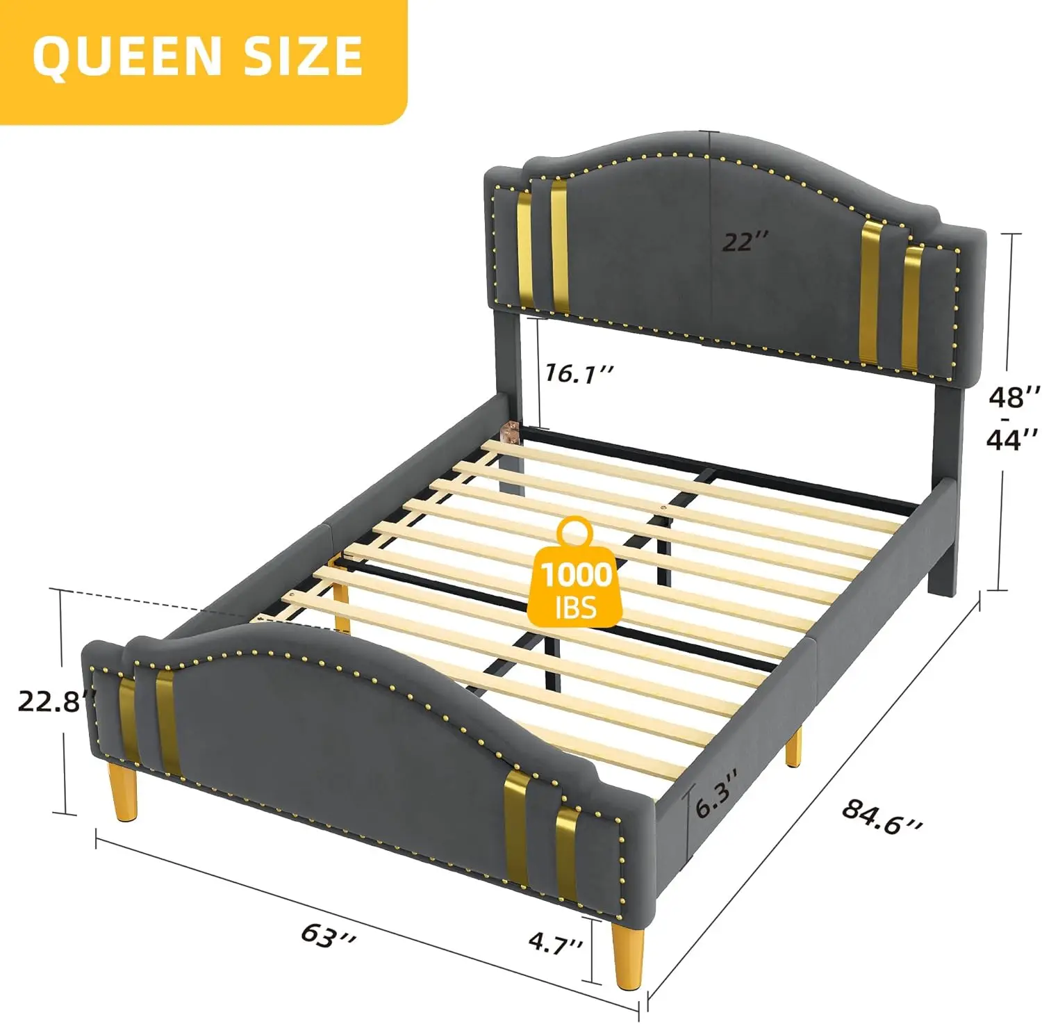 Dwvo Queen Size Velvet Platform Bed Frame, Curved Upholstered Headboard And Footboard, Gold Rim And Rivets, Stable Metal Base &