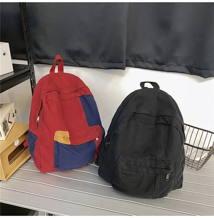 Contrast Color Block Canvas Backpack Large Capacity Casual School Travel Rucksack for Student Daily Use