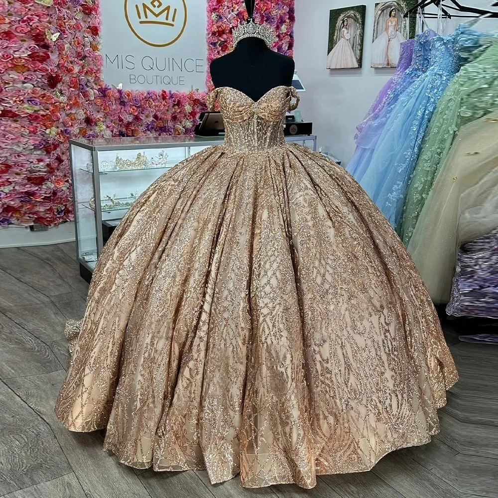 Champagne Charro Quinceanera Dresses Ball Gown Off The Shoulder Sparkly Mexican Sweet 16 Dresses 15 Anos Customized
