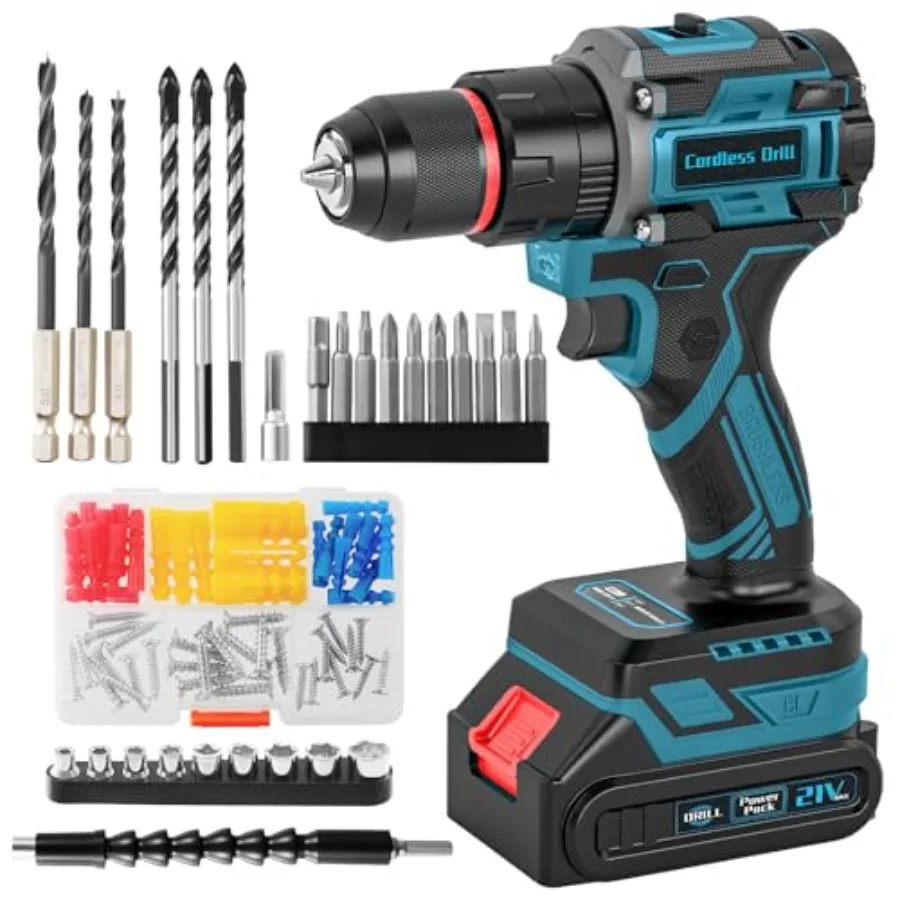 

21V Brushless Cordless Drill Set PowerDrill with 2.0Ah Battery and Charger 575 Inch Pounds 3/8" Metal Keyless Chuck ElectricDri