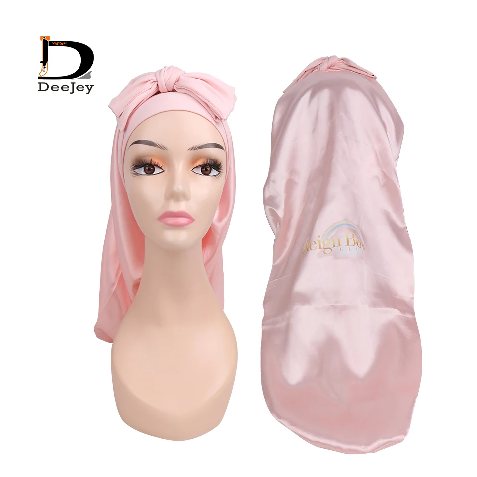 custom logo Luxury satin extra size long bonnet with long frontal elastic edge control head band