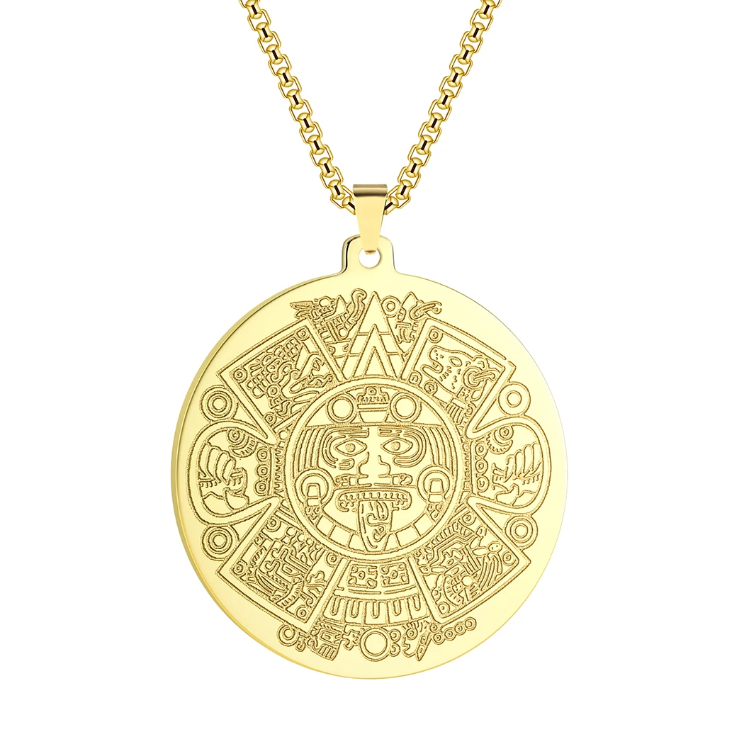 CHENGXUN Aztec Mayan Calendar Pendant Necklace for Men Boys Stainless Steel Amulets Round Coin CharmSteel Hip Hop Chains for Men