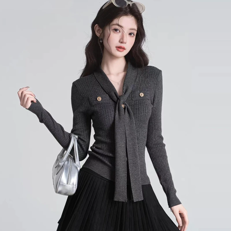 Temperament V-neck Long Sleeve Knitted Sweater Women Slim Casual Tie Long Sleeve Top Jumper Pullover