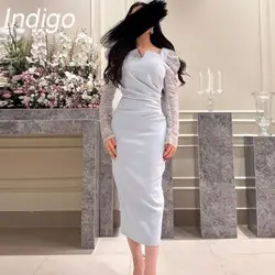 Indigo Evening Dresses Square Neck Beads Full Sleeves Tea-Length Formal Occasion Party Dress Women فستان حفلات الزفاف Customized