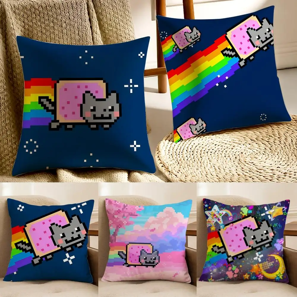 Playful Animation N-Nyan Cat Cushion Cover Faux fur decorative Dark academia style Cat scratching post Rustic Spa pillow cover