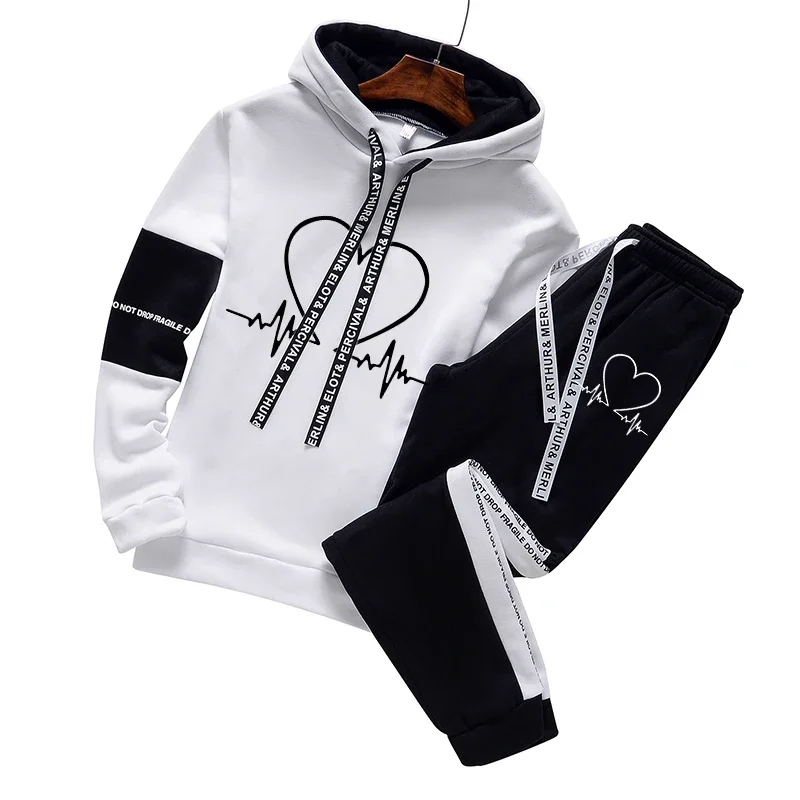 Black White Mens Tracksuit Casual Hooded Sweatshirt Jogging Sport Street Clothing High Quality Printing Tops Pants Suit S-3XL