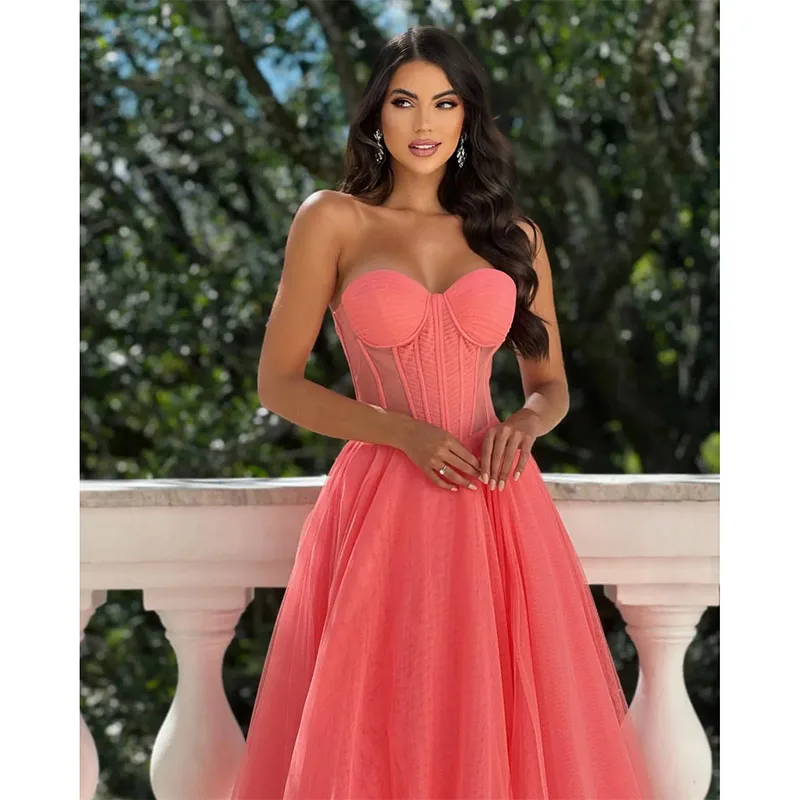 Vestido de fiesta rosa Coral con escote Corazón, vestido de noche elegante, de ilusión corpiño para ocasiones especiales, vestido dividido sin espalda