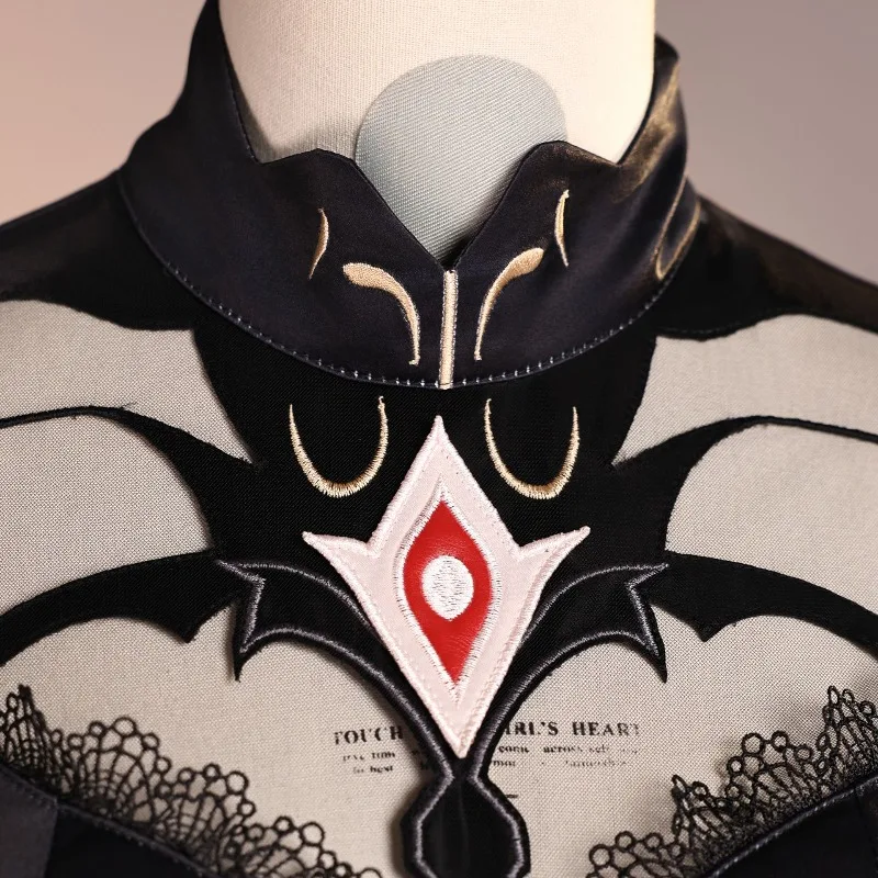 زي Ronova Game Genshin Impact Cosplay فستان أسود طويل شعر مستعار أبيض مجموعة كاملة من أزياء لعب الأدوار للنساء لحفلات الهالوين