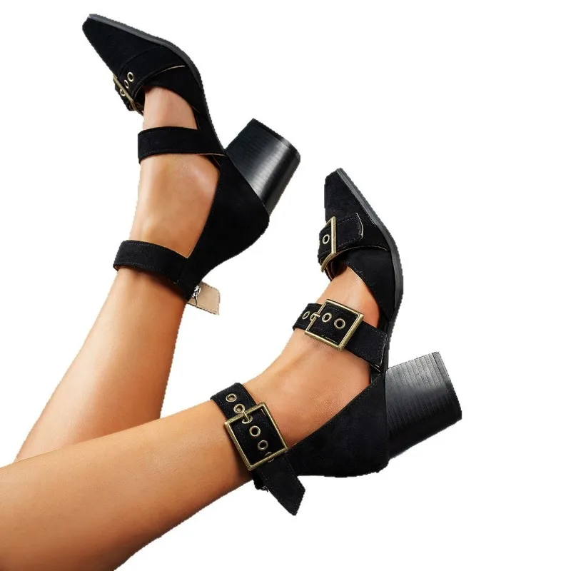 

Office Ladies Spring Summer Chunky Heels Sandal Vintage Designer Pointed Toe Rivet Hollow Out Buckle Gladiator High Heel Shoes