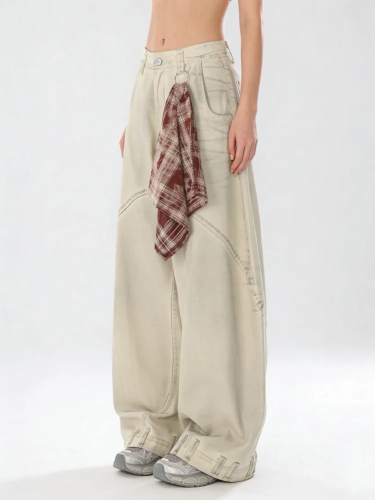 Women's Apricot Wide Jeans Vintage Harajuku Y2k Baggy Denim Long Pants Japanese 2000s Style Denim Trousers Oversize Clothes New