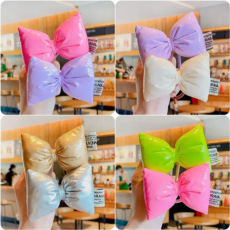 2023 New Girls Cute Bright Colorful Leather Bowknot Elastic Hair Bands Children Sweet Soft Rubber Bands Kids Hair Accessories