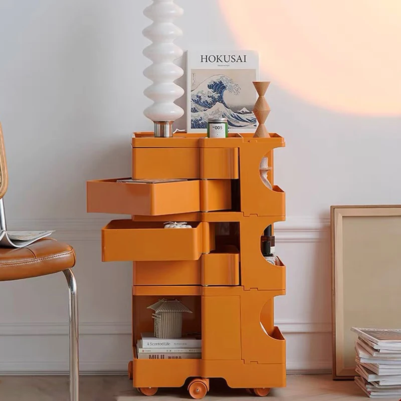 

Household bedside chest rotating small bedside table pink plastic modern storage drawer cabinet