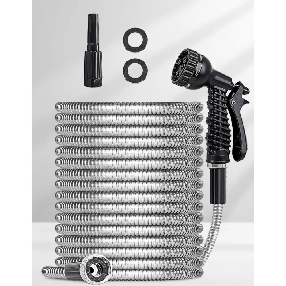 

100FT Stainless Steel Garden Hose with 7 Spray Patterns, Flexible Kink-Free Heavy Duty Water Hose for Outdoor Yard Use