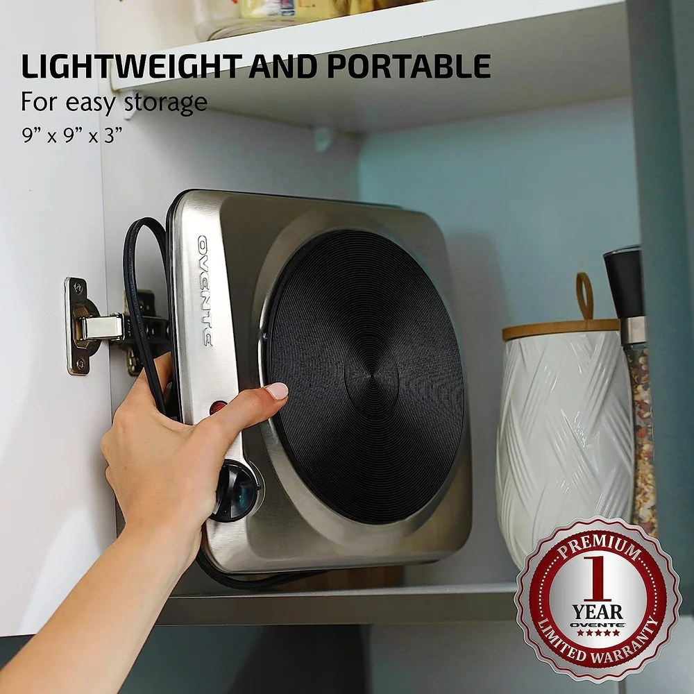 Portable Electric Countertop Single Burner 1000W Cooktop with 7.25 Inch Cast Iron Plate Adjustable Temperature Easy Clean Ideal