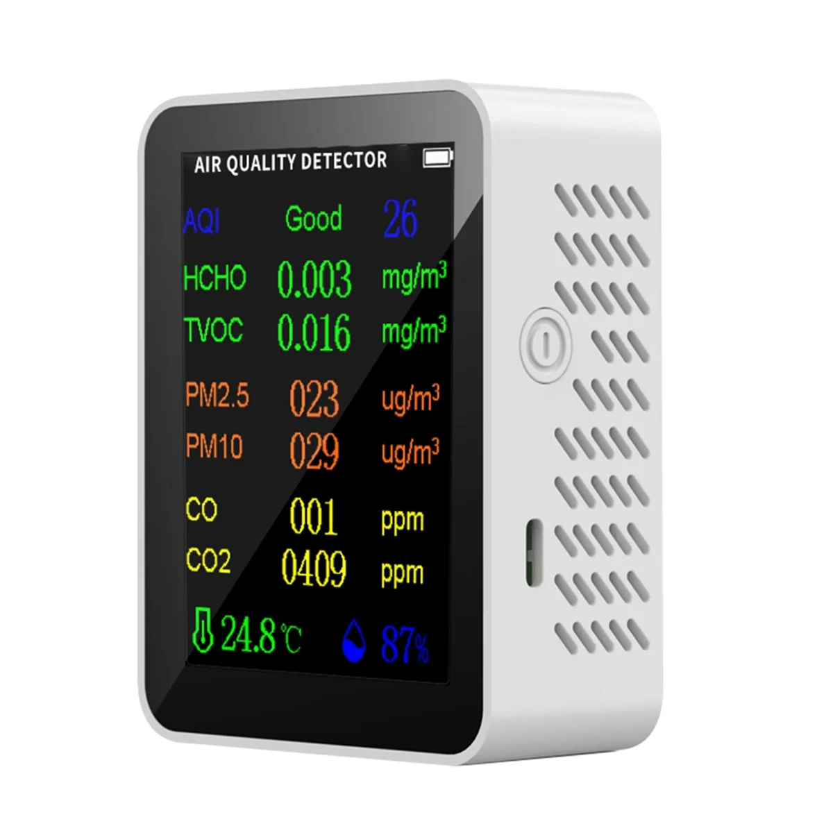 2025 جديد 9 في 1 مقياس جودة الهواء المحمول PM2.5 PM10 CO CO2 TVOC HCHO جهاز قياس درجة الحرارة والرطوبة شاشة ملونة، أبيض