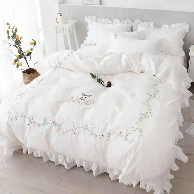 Minimalist Style Bedroom Secondary Bedroom Lotus Leaf Edge White Four Piece Bed Skirt Pure Cotton Duvet Cover Bedding