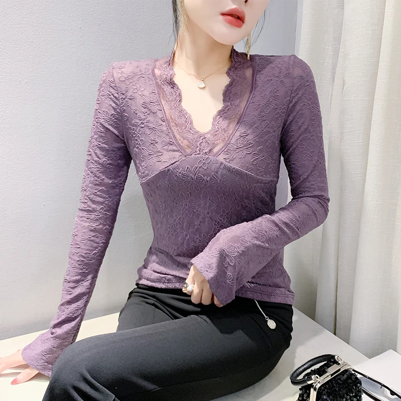 #7584 Tight Lace T Shirt Women V-neck Split Joint Vintage Short Stretch Long Sleeve T Shirt Femme Sexy France Style Black Purple