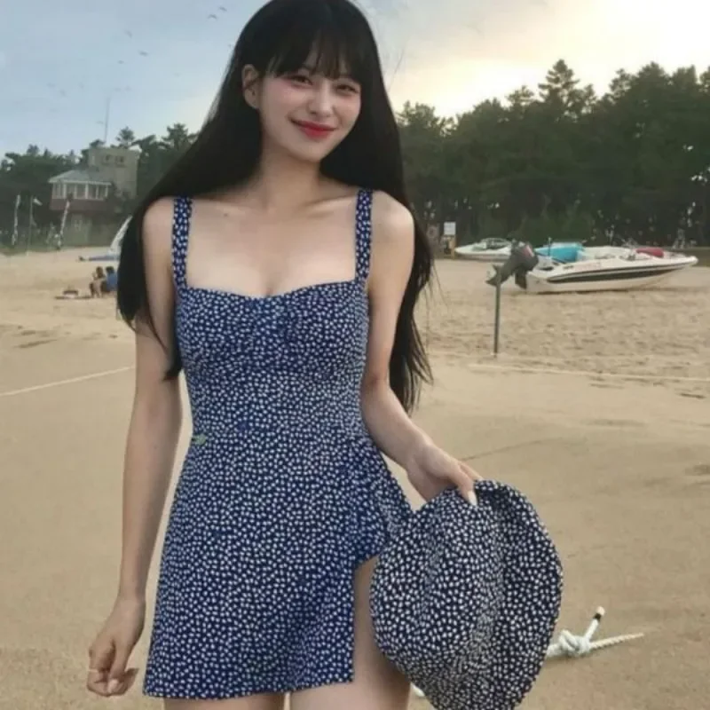 New floral one piece swimsuit women blue backless beach dress summer A-line streetwear trendy vestidos one piece swimsuit