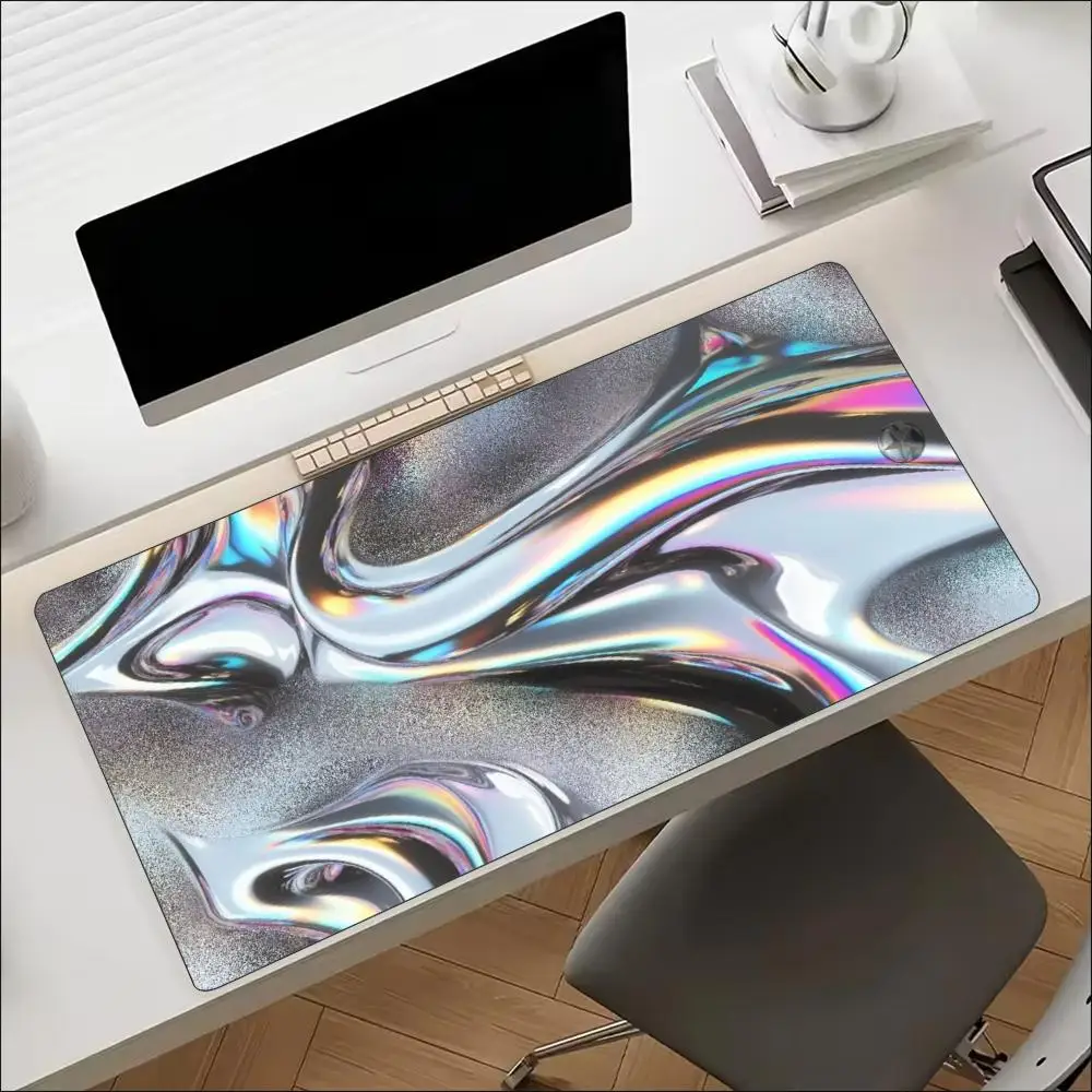 Large Holographic Liquid Swirl Gaming Mouse Pad Non Slip Rubber Base Stitched Edge Desk Mat For Gamer Tabletop Desktop Decor