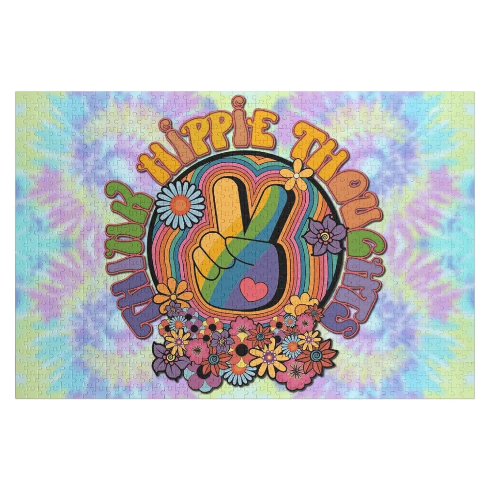 

Think Hippie Thoughts Peace Sign Retro Rainbow Flower Slogan Jigsaw Puzzle Jigsaw For Kids Puzzle