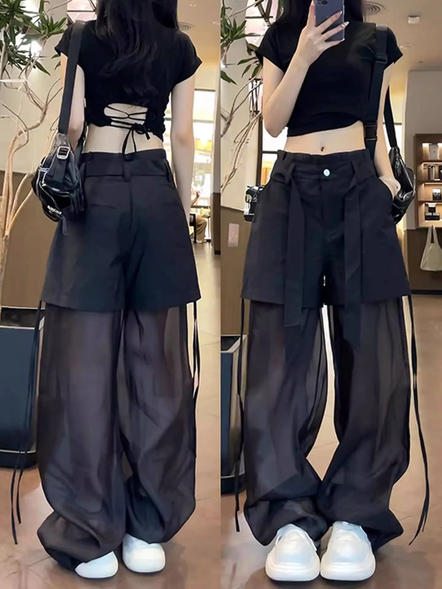 

2026 New Women Ice Cool Fabric Fake Two-Piece Casual Pants Ribbon Decor High Waist Slim Fit Straight Leg Streetwear Trousers