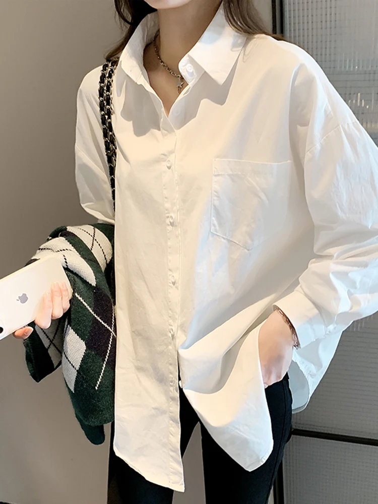 

Women's Simple White Long Sleeve Cotton Shirt Spring Autumn Versatile Lazy Style Pure Cotton Top Korean Loose Fit