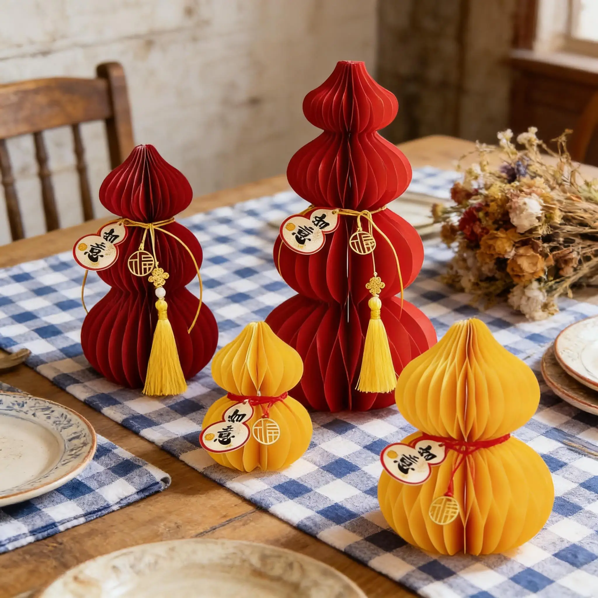 12pcs/Set Foldable Paper Gourd Festive Decorations (4 Gourds And 4pcs Cards And 4pcs Tassels) Chinese Style Festive Style, Honey