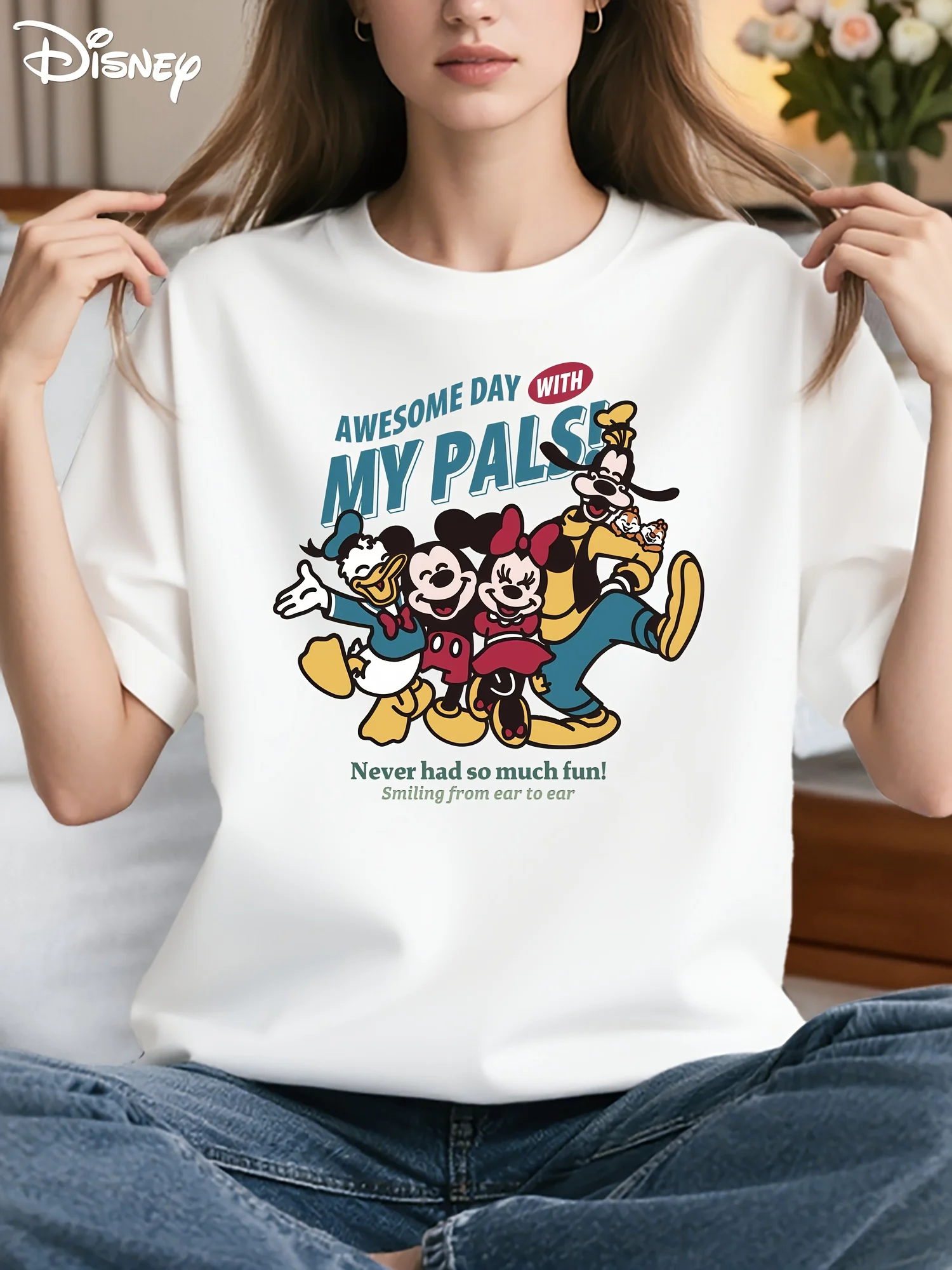 

Women'S Oversized Disney Graphic T-Shirt - "Awesome Day with My Pals" Mickey & Minnie Mouse Design, Soft Breathable Fabric