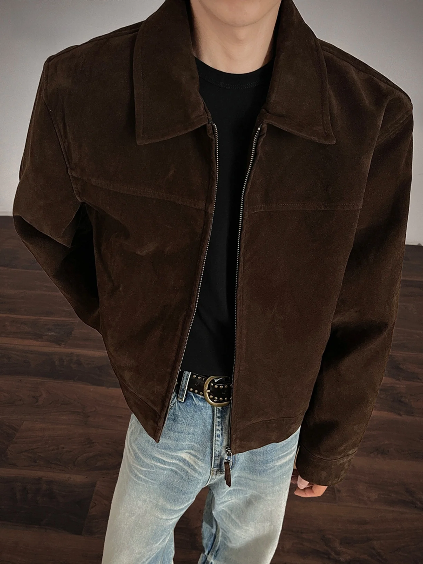 

Brown ort Loose Men's Suede Jaet oulder Length Casual Sle Autumn Spring Faion Outerwear Youth ular Polyester Fabric