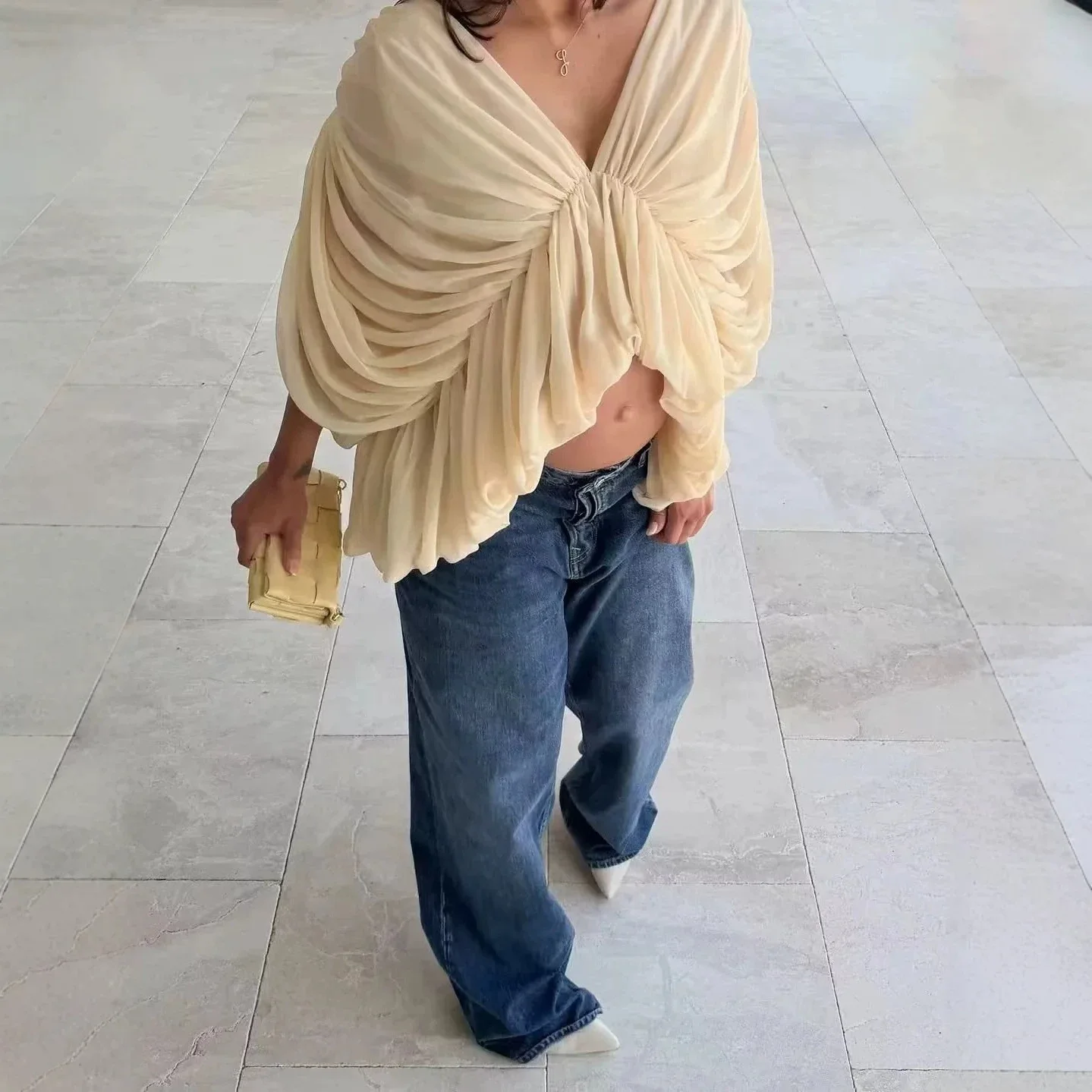 Apricot Deep V Neck Ruched Batwing Sleeve Blouse Gathered Waist Irregular Hem Loose Cropped Women Elegant Shirt Top 260702