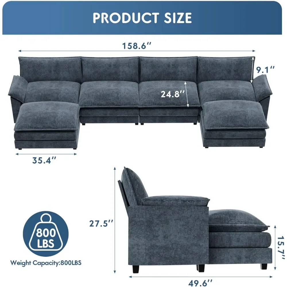 Sectional Modular Sofa U Shaped Chenille Fabric Couch with High Supportive & Soft Sponges and Removable Ottoman,