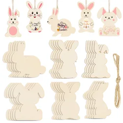 6/12Pcs Easter Wooden Bunny Pendants Blank Rabbit Wood Chips Kids Easter Party DIY Painting Crafts Gift Home Hanging Decoration