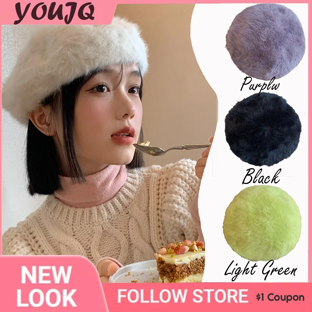 Y2K Rabbit Fur Beret Hat Female Autumn Winter Warm Candy Color All-match Sweet Cute Painter Hats Brim Newsboy Cap Gorras