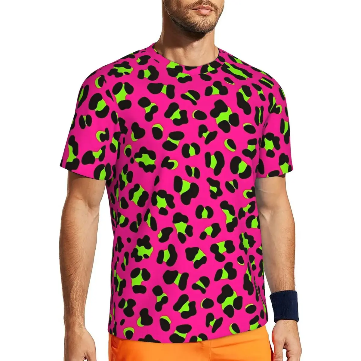 Psychedelic 80s Neon Pink Fuchsia And Lime Green Leopard T Shirt Man Vintage Gym T Shirts Breathable Summer Tees Plus Size Tops