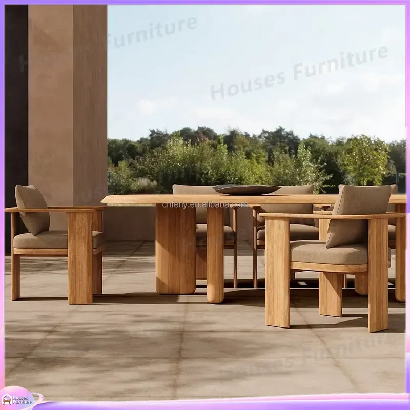 Solid Teak Outdoor Dining Table Set with 6 Chairs All Weather Patio Garden Furniture Waterproof Wood Deck Yard Party Seating