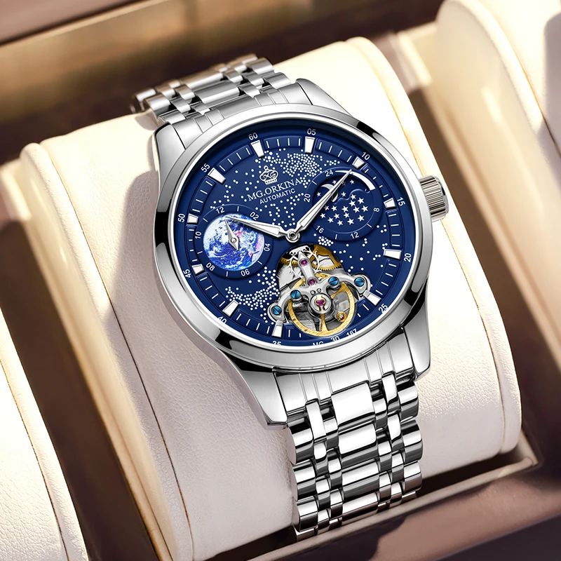 ORKINA Men Automatic Watch Skeleton Tourbillon Starry Dial Mechanical Self Winding Fashion Dress Moon Phase Waterproof Luminous