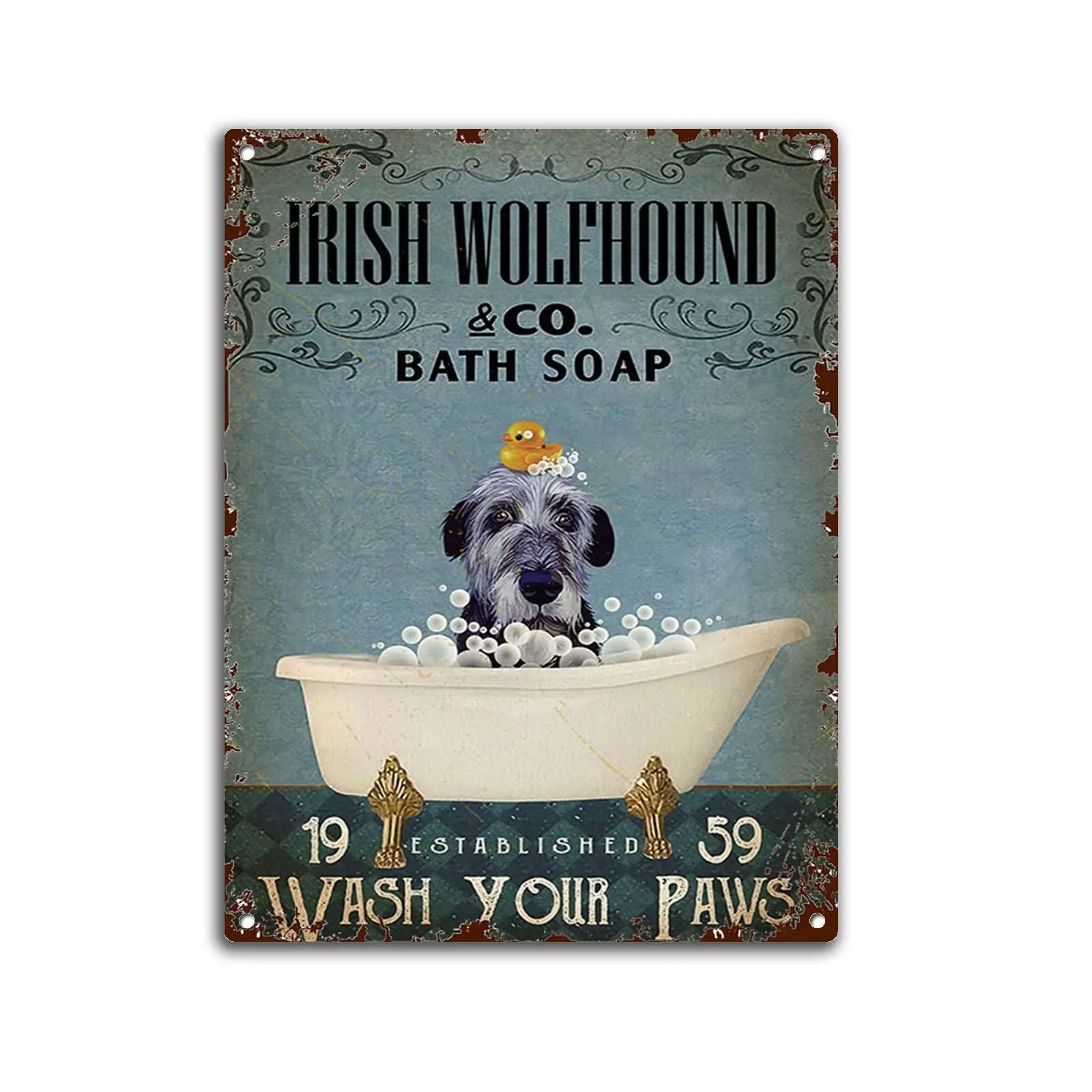 8x12 IN Metal Decoration for Living Room Retro Tin Sign Bath Soap Irish Wolfhound Bathroom Wall Art Funny Bathroom Wall Art Bath