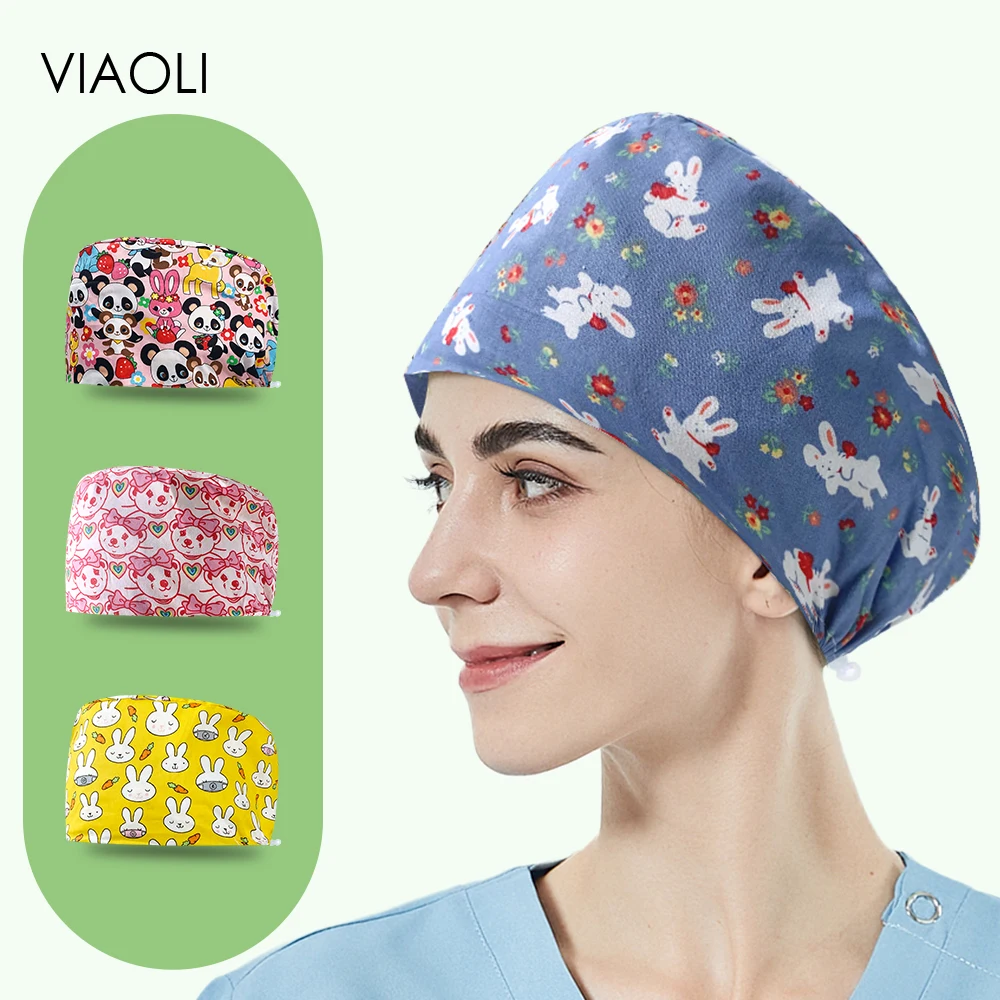 Dentist Hats Men Surgical Cap Soft Cotton Nurse Accessories Unisex Cartoon Printing Medical Hat Scrub Clinical Nursing Cap Women