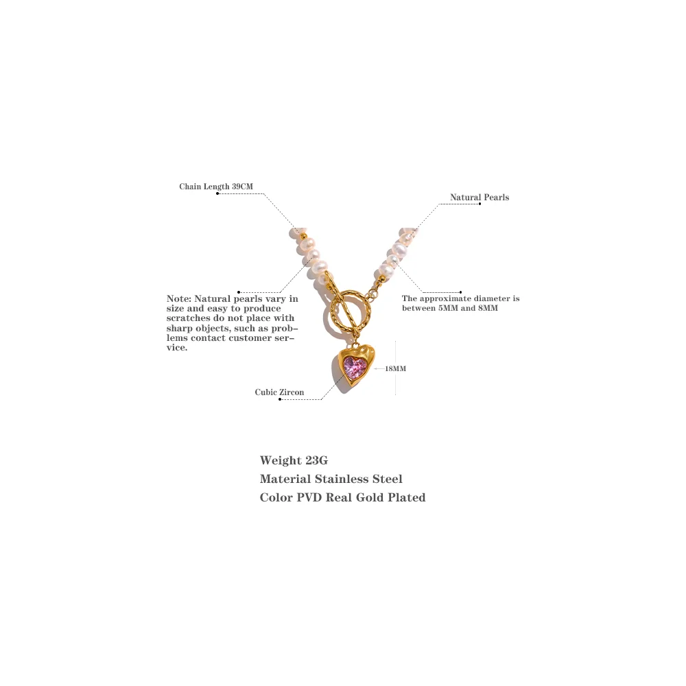 Yhpup Natural Freshwater Pearl Heart Stainless Steel Cubic Zirconia Pendant Necklace Aesthetic Luxury Chain Jewelry Women Gift