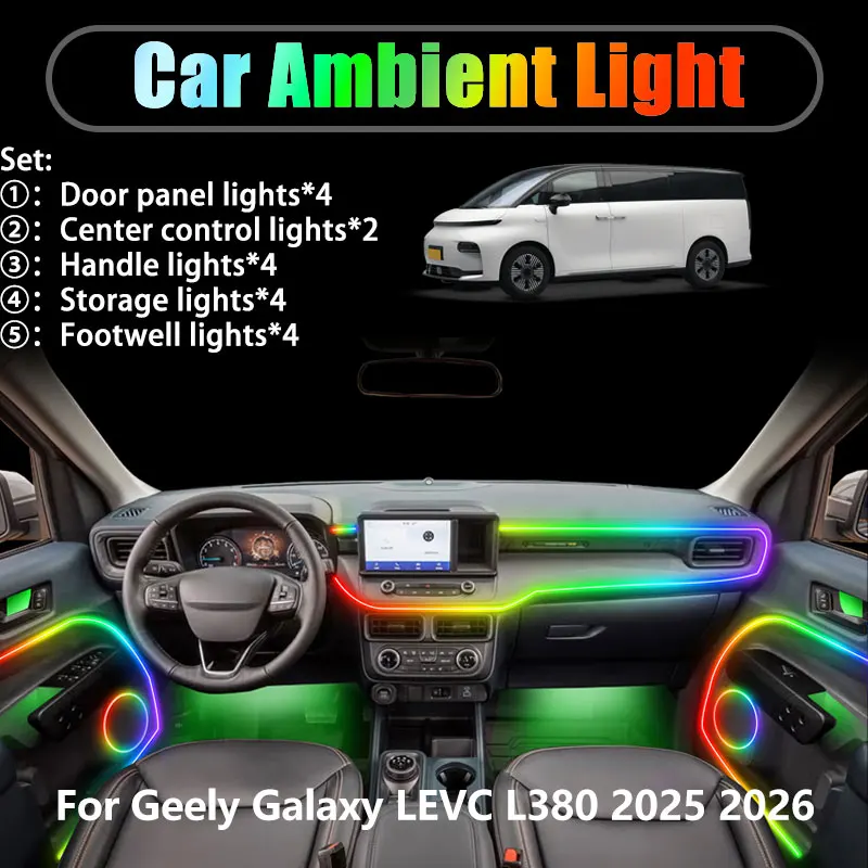 

Для Geely Galaxy LEVC L380 V900 2025 2026 2/18 в 1, автомобильное окружающее освещение, светодиодные внутренние светодиодные фонари багажника, USB RGB Ensemble Streamer