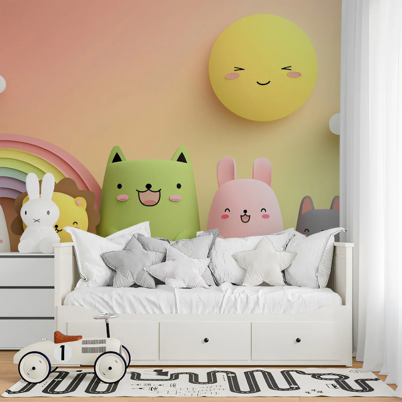 3D Animal Friends Mural Wallpaper — Pastel Rainbow & Sunset Sky Custom Peel and stick wallpaper