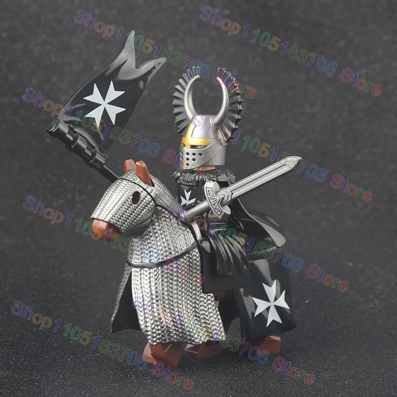 MOC القرون الوسطى العسكرية الصليبية فارس اللبنات القلعة الجيش الجندي الشكل الحصان جبل درع السيف اكسسوارات لعبة الطوب #5