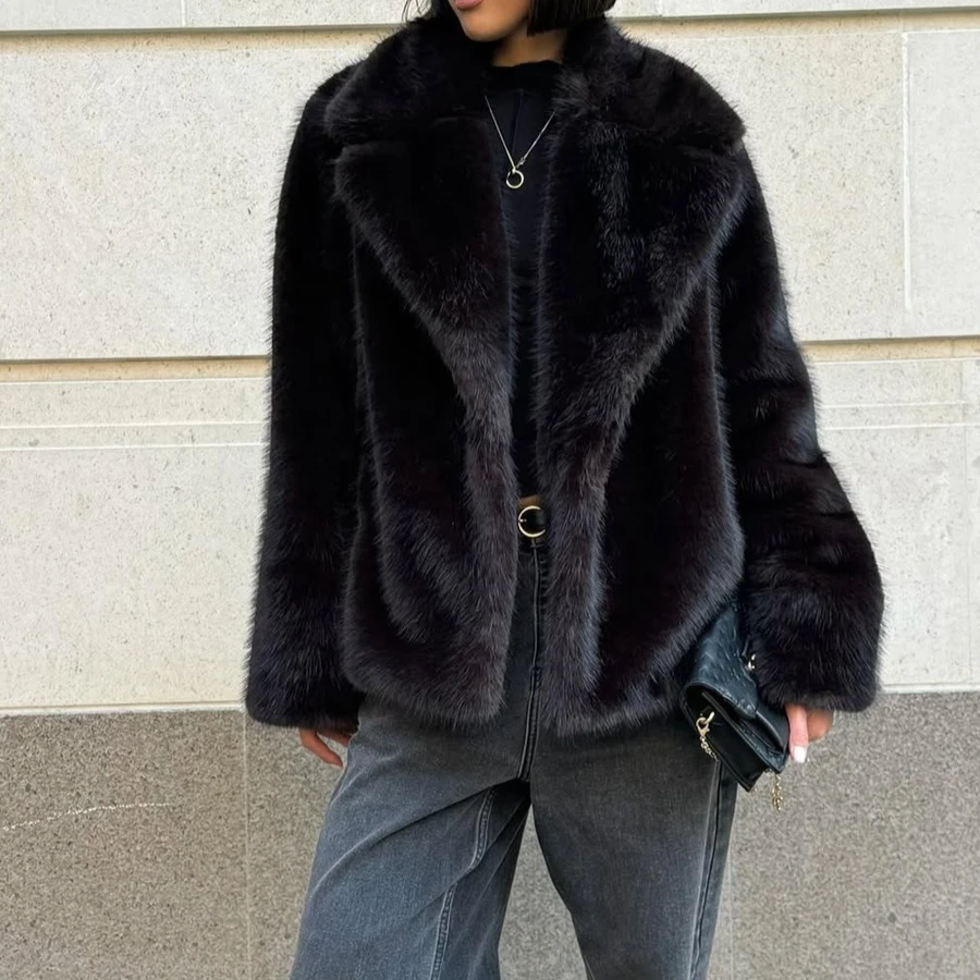 Faux Fur Coats Jackets Women Turn Down Collar Mid Length Coat Thick Warm Y2k Streetwear Jacket Casual Loose Autumn Winter 2026